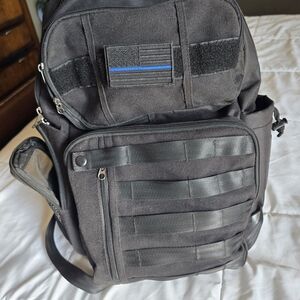 Black Tactical Men’s Backpack with Thin Blue Line Patch